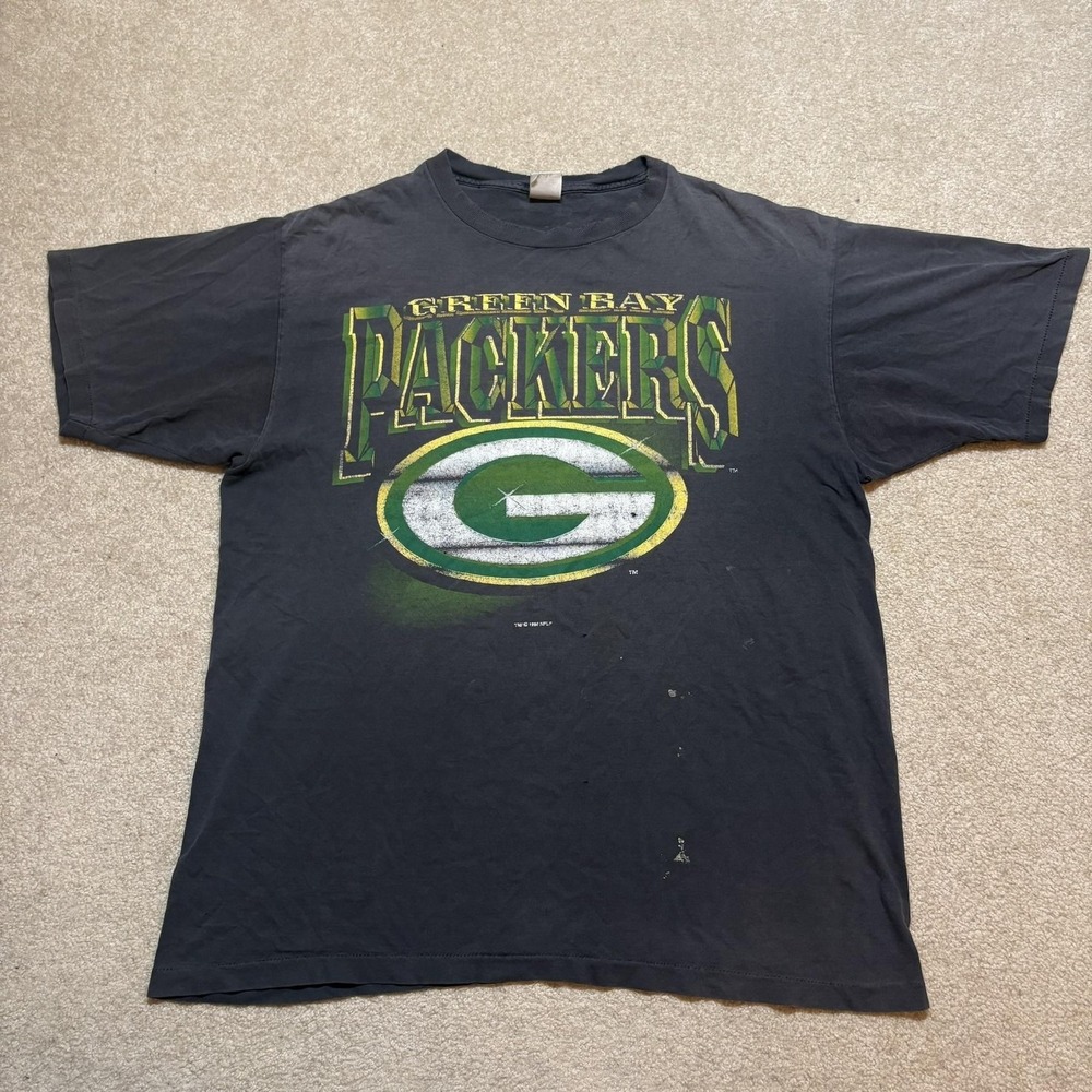 Vtg Green Bay Packers Shirt Mens XL Tall Faded‎ Black NFL Football Logo 7 90s